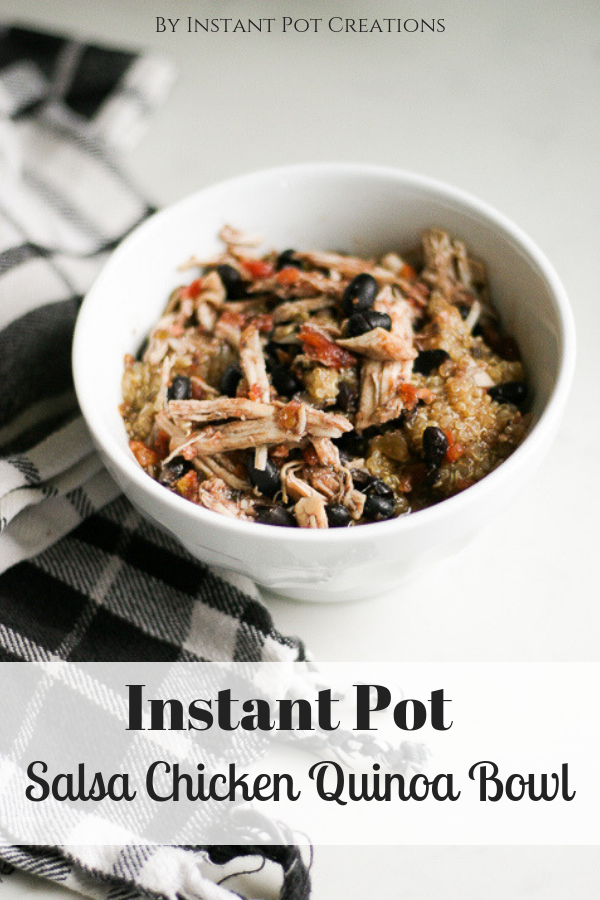 Instant Pot salsa chicken quinoa in a white bowl with gingham napkin