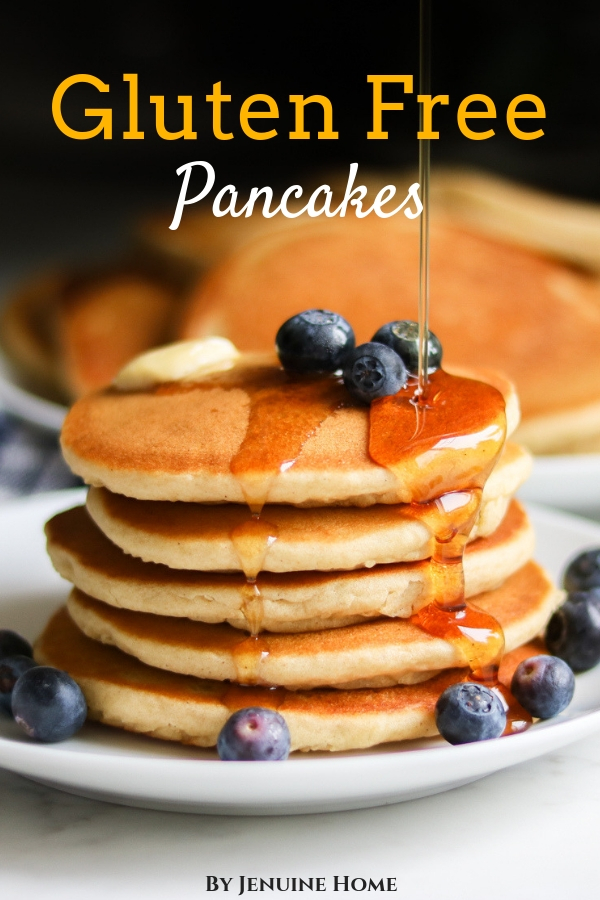 Gluten Free Pancakes from Bob's Redmill pancake mix with blueberries and syrup pouring on top with text overlay