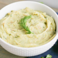 Instant Pot ranch mashed potatoes with a blue napkin