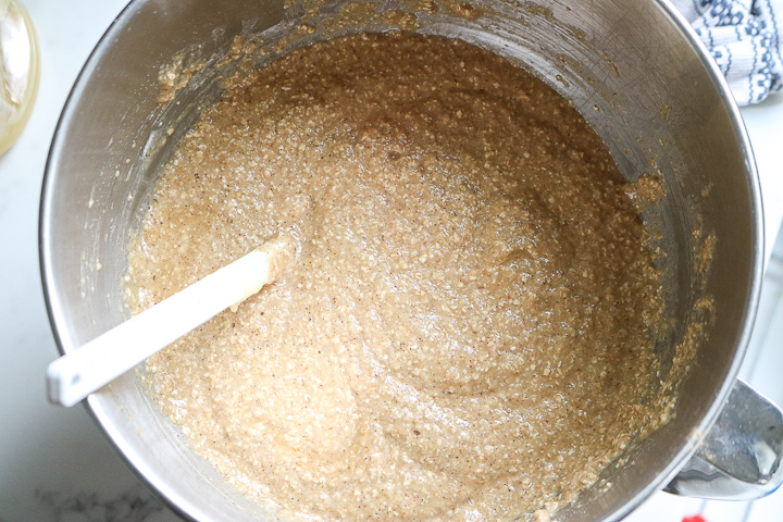 Batter for gluten free homemade oat flour applesauce bars in a mixing bowl