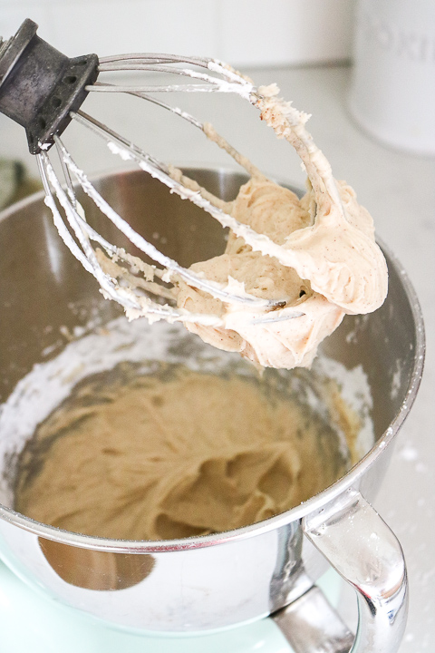 Spiced cream cheese frosting in a mixer