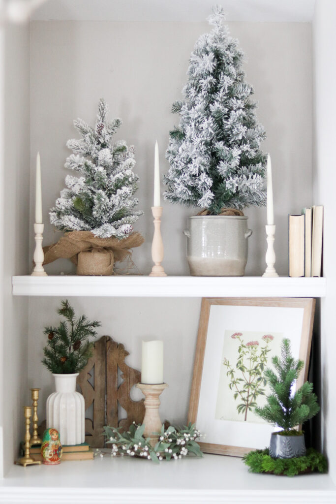 Built-in shelving with winter décor