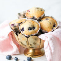Blueberry muffins in a gold bowl