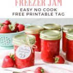 jars of strawberry freezer jam with text overlay