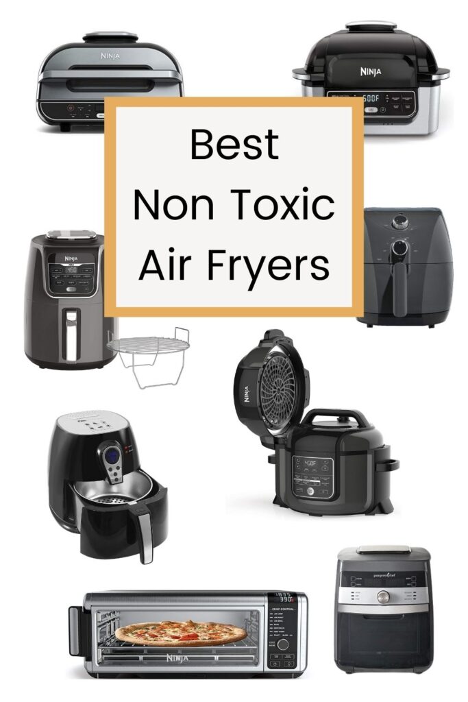 black air fryers from different brands with text overlay