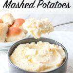 mashed potatoes on a spoon with a large bowful below with text overlay
