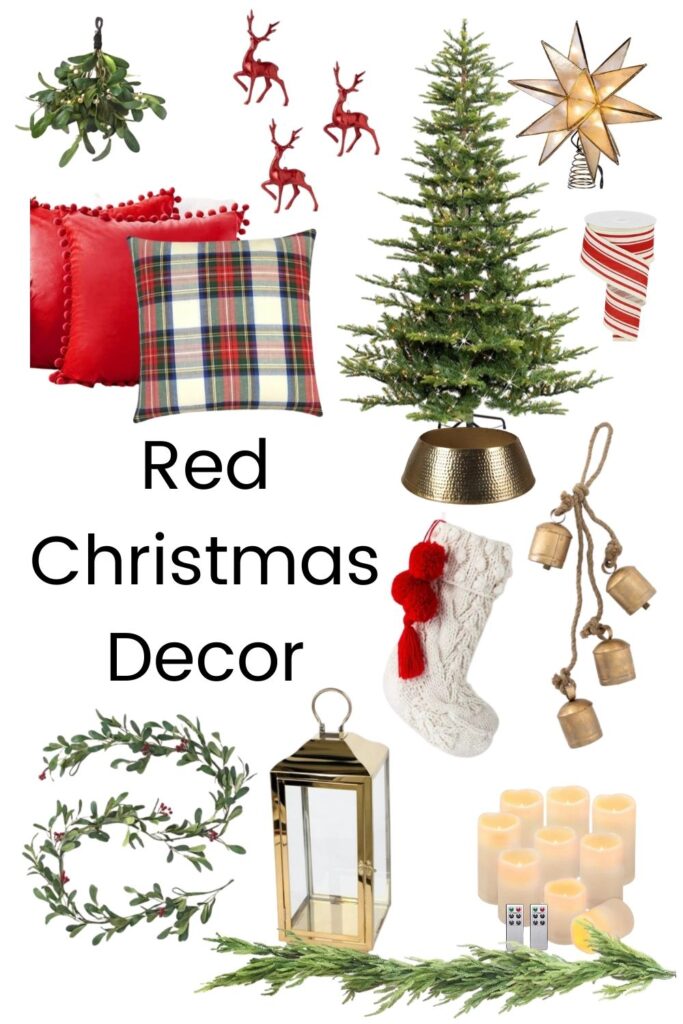 red christmas decor with pillows, christmas tree and candles