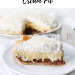 slice of chocolate coconut cream pie on a plate with a forkful bite with text overlay