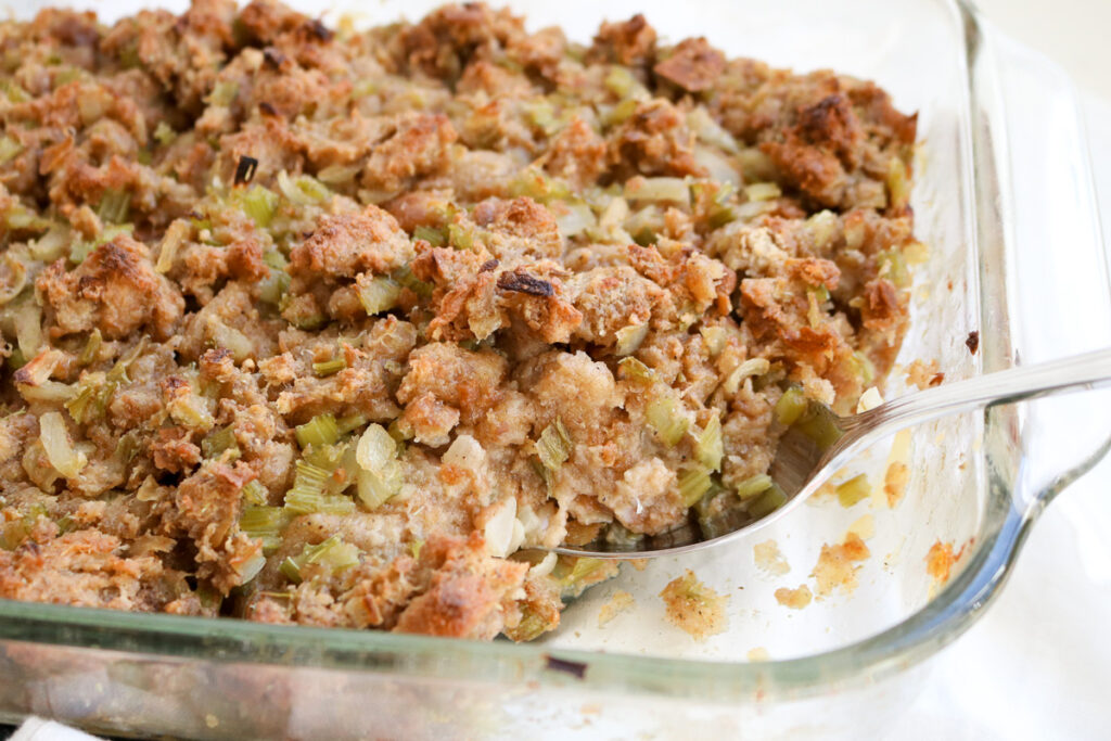 baking dish with homemade stuffing