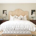 blonde king french country bed with ruffled duvet cover white bedding with text overlay