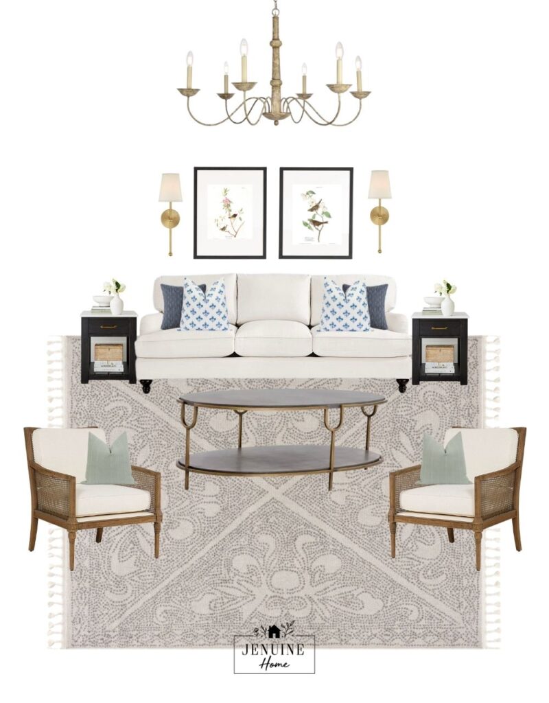 living room design board with furniture