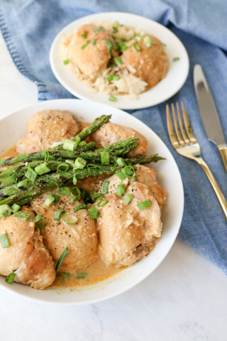 Instant Pot Freezer Meal Dijon Chicken with asparagus on top