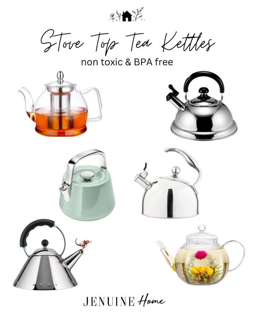 stove top tea kettles with word overlay