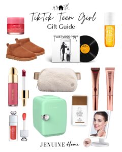 Gift Guide for TikTok Teenager Girl Must Have Items, laneige lip mask, mini Uggs, Fleetwood Mac Vinyl, Sol de Janeiro Bum Bum, Charlotte Tillsbury Highlighter and Contour Wands, LuluLemon belt bag, mini beauty product fridge, Rare Beauty Blush, Drunk Elephant Bronzing Drops, Light up mirror, Dior LipGlow Oil