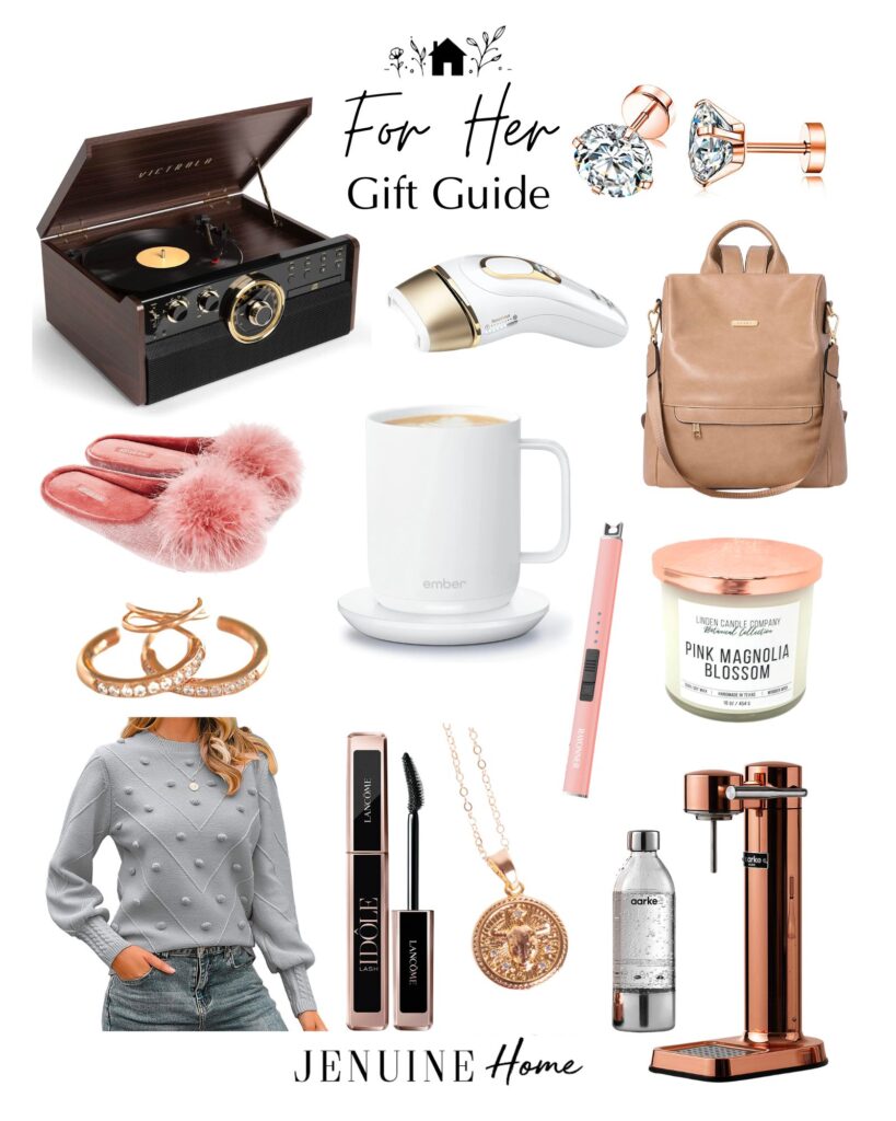 Gift guide for her, mom, woman, aunt, grandma, female. Record player, electric hair removal laser, leather backpack purse, ember heated mug, candle, candle lighter, slippers, earrings, sweater, mascara, gold zodiac necklace, soda aarke carbonator machine, diamond earrings.